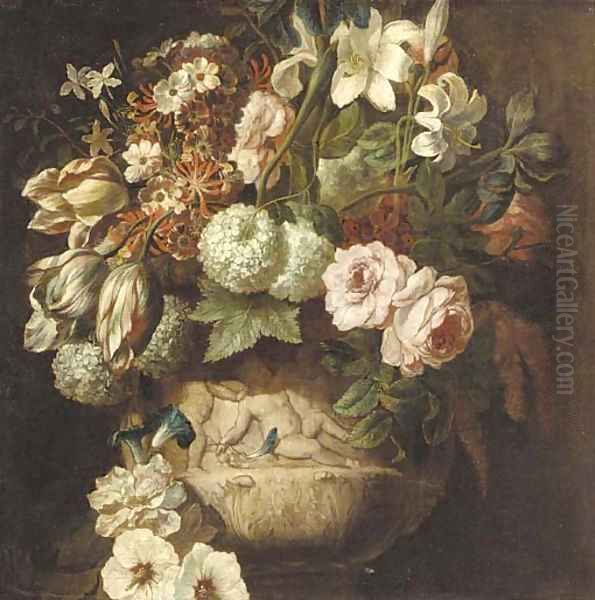 Roses, tulips, daffodils, chrysanthemums, morning glory, narcissi and other flowers in an urn decorated with putti - a fragment Oil Painting by Rachel Ruysch