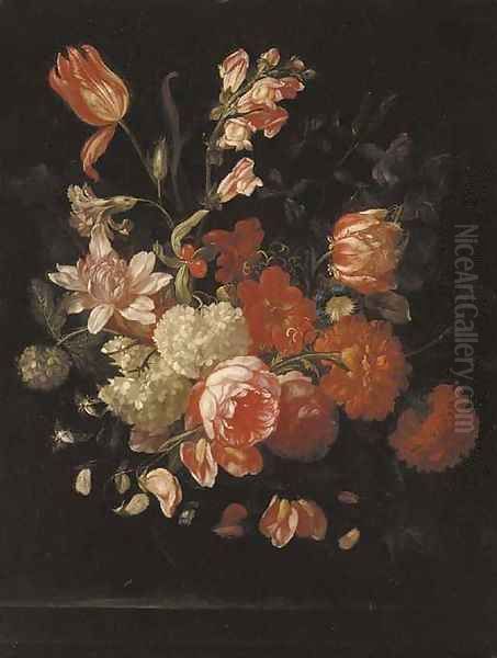 Tulips, roses, chrysanthemums, carnations, morning glory and other flowers in a glass vase on a ledge Oil Painting by Rachel Ruysch