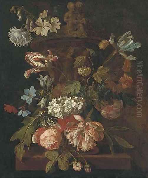 Roses, a parrot tulip, morning glory, narcissi and other flowers, with a snail, around a stone urn on a ledge Oil Painting by Rachel Ruysch