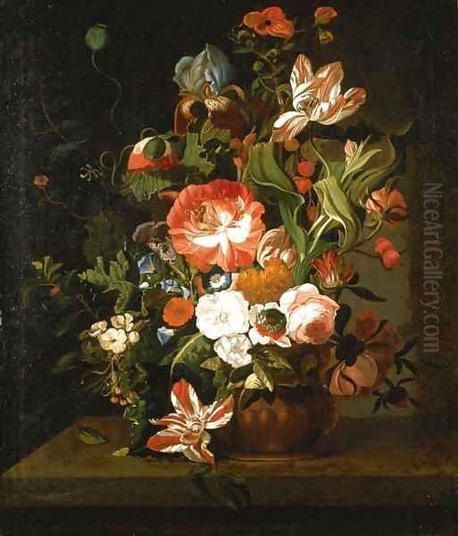 Tulips, roses, morning glory, an iris and other flowers in an urn on a stone ledge Oil Painting by Rachel Ruysch