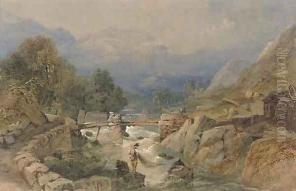 An angler contemplating the fishing pool Oil Painting by Thomas Miles Jnr Richardson