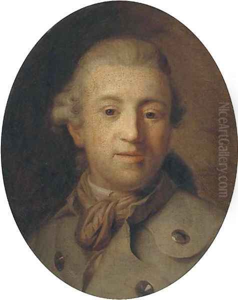 Portrait of a gentleman, bust-length, in a green coat and brown scarf Oil Painting by Alexander Roslin