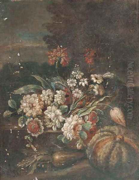 Mixed flowers in a glass of water with a melon Oil Painting by Giovan Battista Ruoppolo