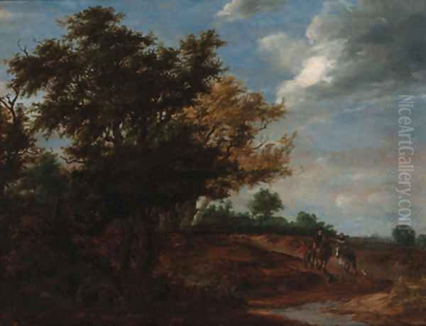 An extensive wooded landscape with travellers and a beggar on a path, Haarlem in the distance Oil Painting by Jacob Salomonsz. Ruysdael