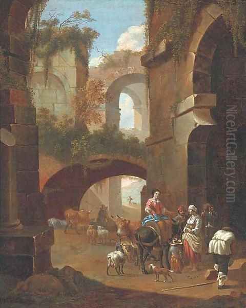 An architectural capriccio with peasants amongst ruins Oil Painting by Johan Heinrich Roos