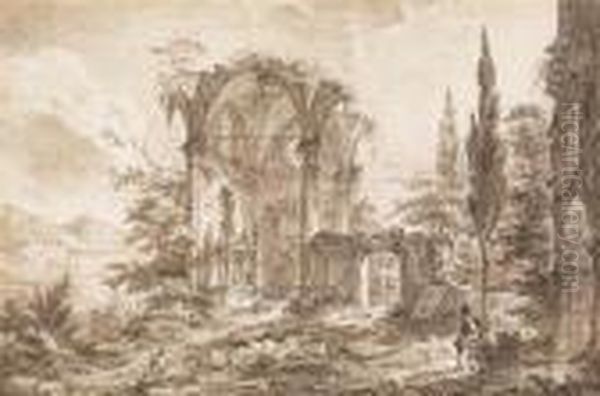 An Architectural Capriccio With Ruins And A Staffage Figure Oil Painting by Giovanni Battista Piranesi