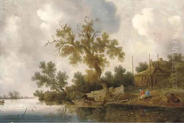 A wooded river landscape with fishermen and other figures Oil Painting by Salomon van Ruysdael