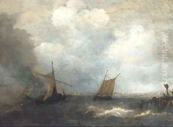 Two smalschips on a choppy sea, by a wherry Oil Painting by Salomon van Ruysdael