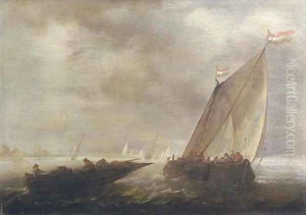 A sailing vessel and a rowing boat in a stiff breeze Oil Painting by Salomon van Ruysdael