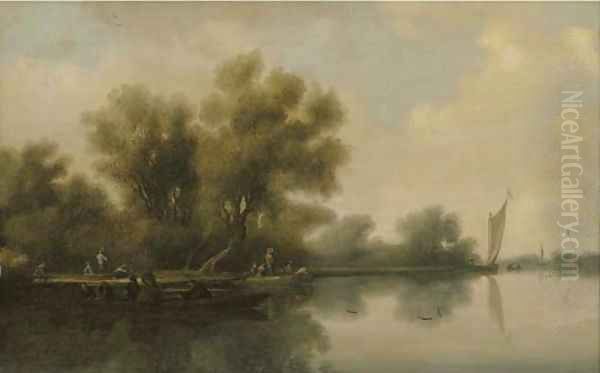 A wooded river landscape with a ferry and other boats Oil Painting by Salomon van Ruysdael