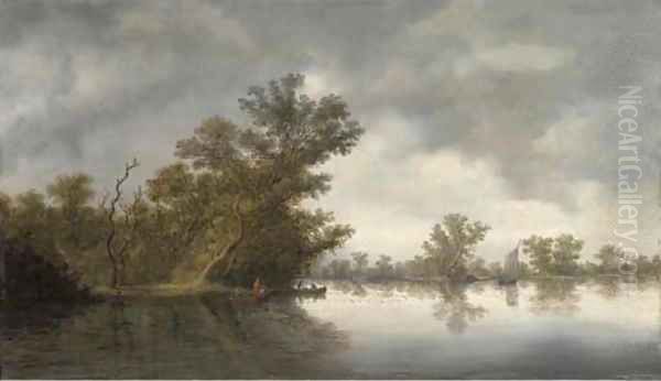 A wooded river landscape with fisherman in boats Oil Painting by Salomon van Ruysdael