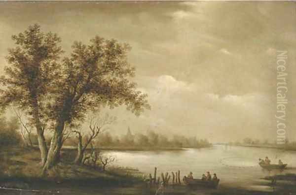 A wooded river landscape with fishermen bringing in their catch Oil Painting by Salomon van Ruysdael