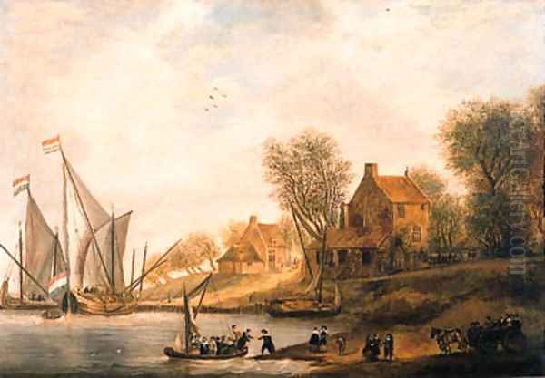 A wooded river landscape with townsfolk disembarking Oil Painting by Salomon van Ruysdael