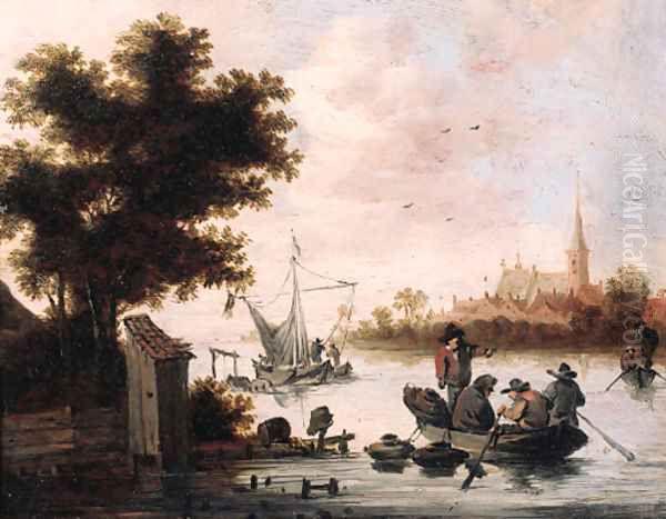 Fishermen laying lobster pots from a rowing boat on a river Oil Painting by Salomon van Ruysdael