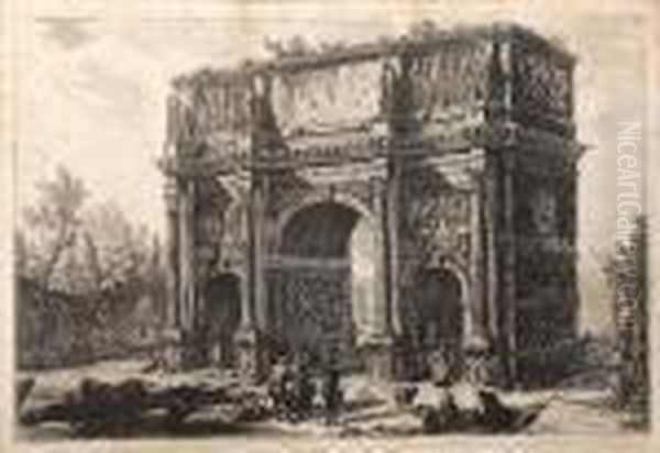 Veduta Dell'arco Di Constantino; Veduta Dicampo Vaccino Oil Painting by Giovanni Battista Piranesi