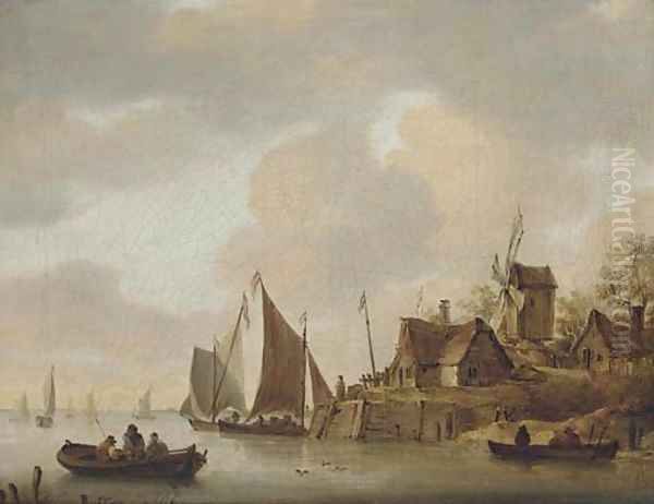 An estuary scene with figures on the bank and in rowing boats beside a windmill Oil Painting by Salomon van Ruysdael