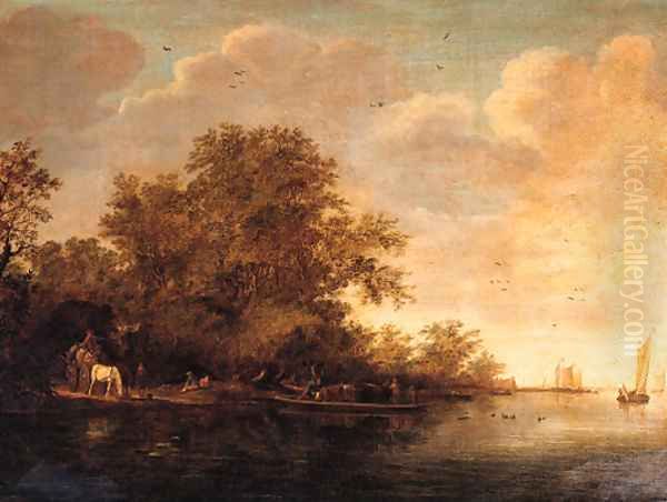 Travellers on a horse and a wagon by a landing stage by a river, peasants and cattle on a ferry nearby, on a cloudy day Oil Painting by Salomon van Ruysdael