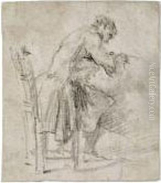 Study Of A Seated Artist, Seen In Profile, Sketching On A Largefolio Oil Painting by Giovanni Battista Piranesi