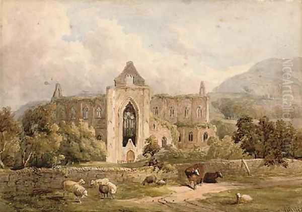 Cattle and sheep before abbey ruins (illustrated); and Figures before a riverside castle Oil Painting by William Richardson