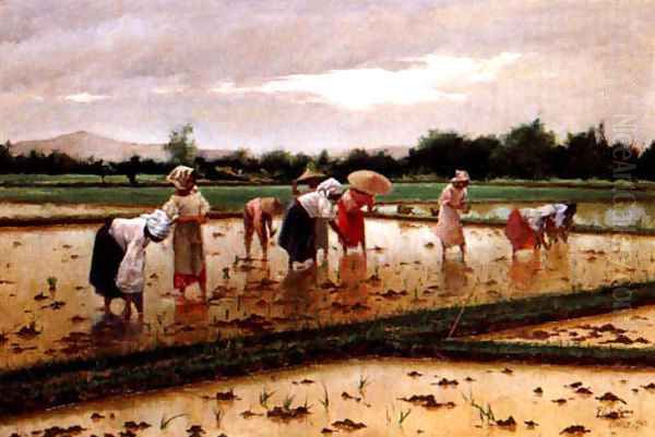 Women working in a rice field Oil Painting by Fabian De La Rosa