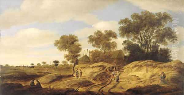 A dune landscape with figures by a farm, church spires in the distance Oil Painting by Isack Van Ruysdael