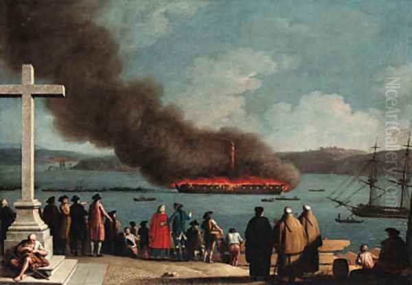 The Burning of the Frigate Graca Divina in the harbor of La Valetta, Malta Oil Painting by Joaquin Manuel Da Rocha