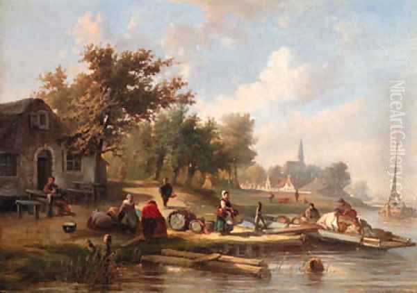 View of a town along a river with townsfolk on a jetty Oil Painting by Laurent Herman Redig