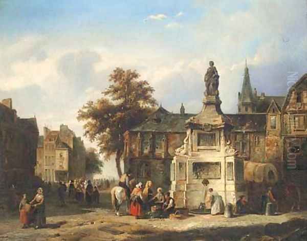 A meeting in a Continental town square Oil Painting by Laurent Herman Redig