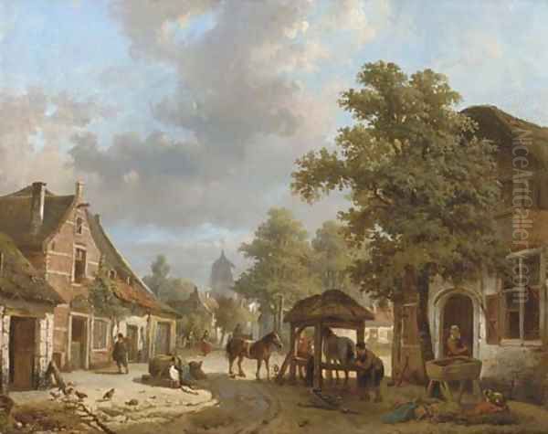 Setting the horseshoe a village in sunlight Oil Painting by Laurent Herman Redig