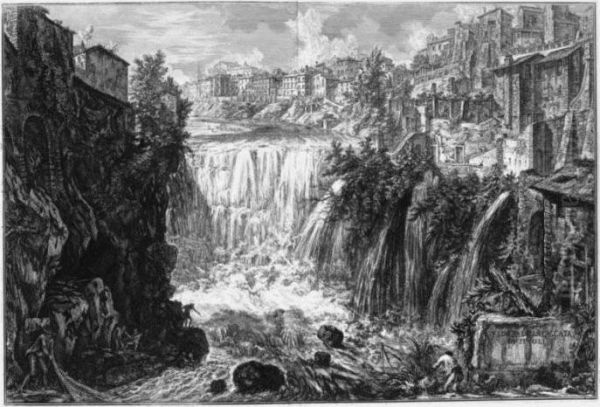 S. Peter's; Fontana Dell' Acqua 
Giulia; Portico Of Octavia, Interior; Waterfall At Tivoli; And Piazza 
Del Quirinale Oil Painting by Giovanni Battista Piranesi