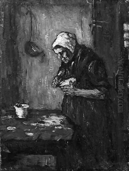 An old woman peeling potatoes Oil Painting by Suze Robertson