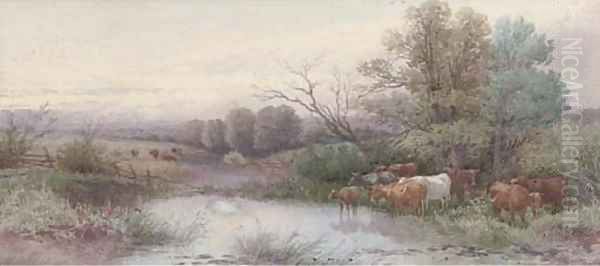 Cattle watering at dusk (illustrated); and Sheep resting by a river Oil Painting by Thomas Rowden