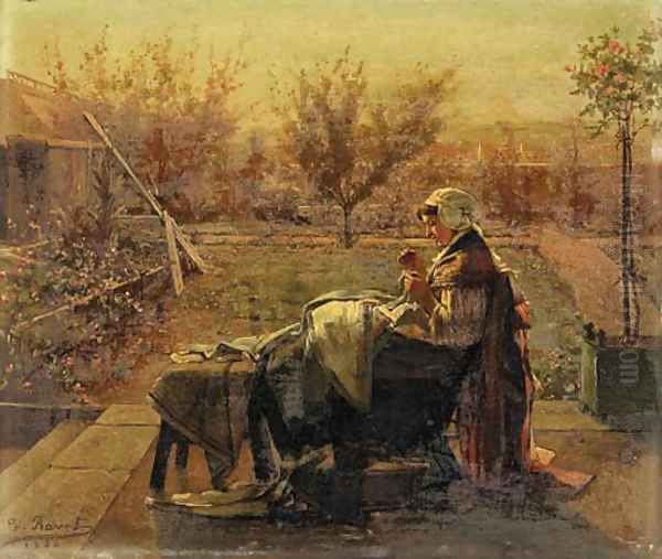 Mending by the garden Oil Painting by Victor Ravet