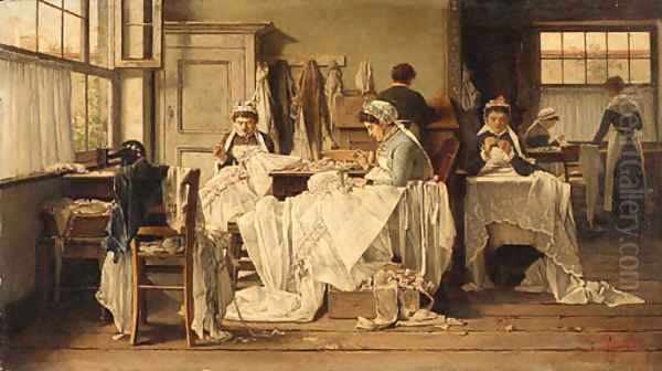 The lacemakers Oil Painting by Victor Ravet