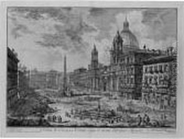 The Piazza Navona, With S. Agnese On The Right; And The Pontesalario (h. 16, 31) Oil Painting by Giovanni Battista Piranesi