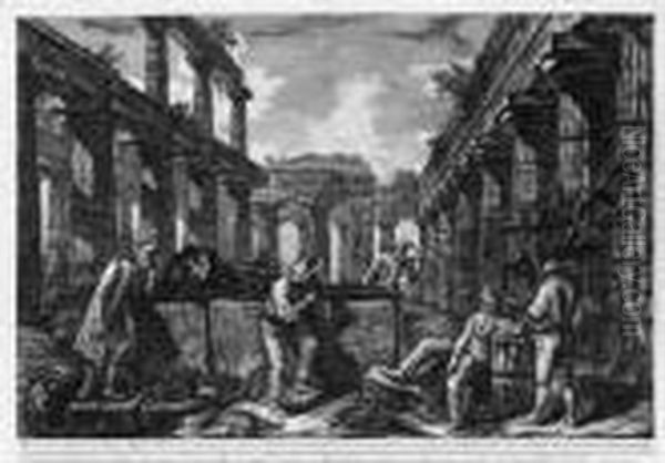 Differentes Vues De Quelques 
Restes De Trois Grands Edifices Quisubsistent Encore Dans Le Milieu De 
L'ancienne Ville De Pesto (f.583-599; W.-e. 717-737) Oil Painting by Giovanni Battista Piranesi