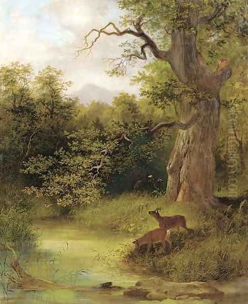 Deer in a park Oil Painting by Emil Rozsay