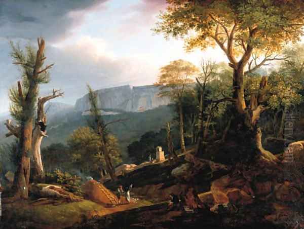 An extensive mountainous landscape with an artist sketching Oil Painting by Polydore Roux