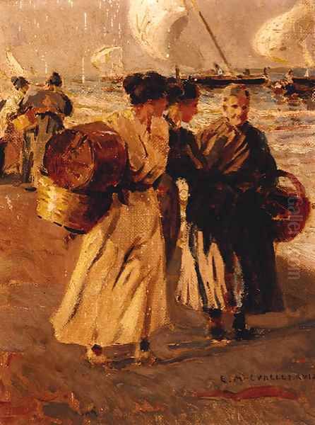 Fisherwomen on the beach Oil Painting by Salvador Martinez Cubells Y Ruiz