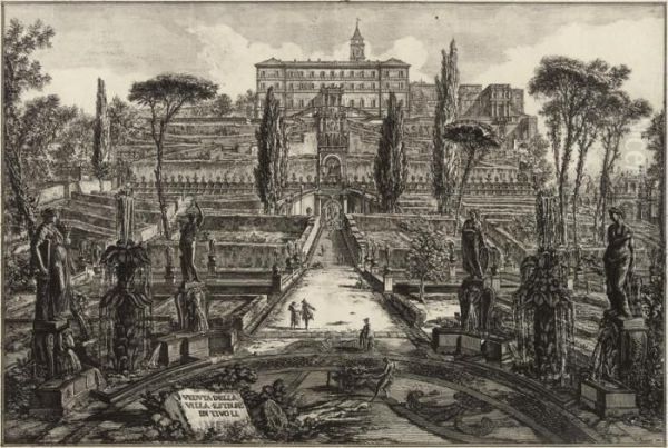 The Villa D'este, Tivoli; The 
Temple Of Saturn, With A Corner Of The Arch Of Septimius Severus In The 
Foreground Oil Painting by Giovanni Battista Piranesi