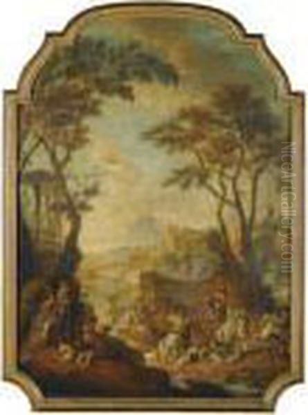 A Wooded River Landscape With A Hunting Party In The Foreground Oil Painting by Giovanni Battista Piranesi