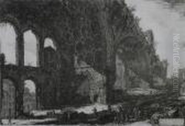 Basilica Of Constantine, Street Seen Through Arches On Left (from Vedute Di Roma) Oil Painting by Giovanni Battista Piranesi