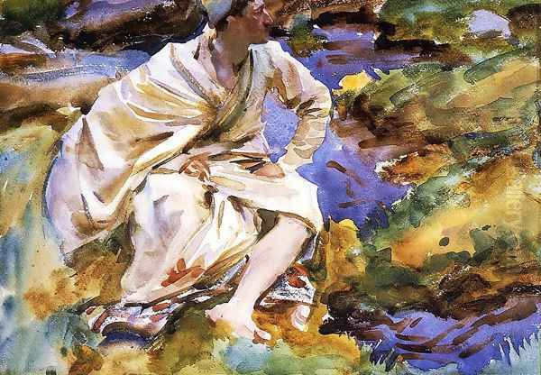 A Man Seated by a Stream, Val d'Aosta, Purtud Oil Painting by John Singer Sargent