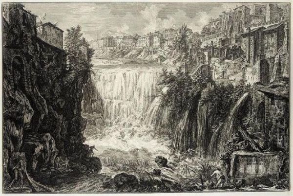 The Waterfall At Tivoli (h.75) Oil Painting by Giovanni Battista Piranesi