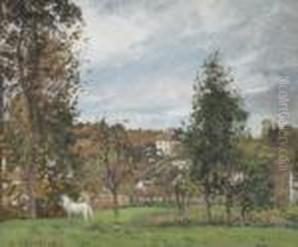 Paysage Avec Cheval Blanc Dans Un Pre, L'hermitage, Pontoise Oil Painting by Camille Pissarro