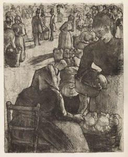 Marche Aux Legumes, A Pointoise Oil Painting by Camille Pissarro