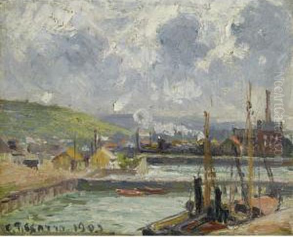 Darse De Peche Et Bassin Duquesne, Dieppe, Temps Gris Lumineux Oil Painting by Camille Pissarro