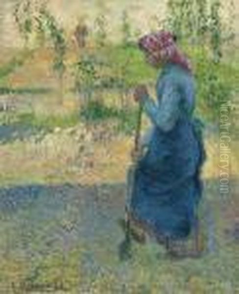 Paysanne Bechant Oil Painting by Camille Pissarro