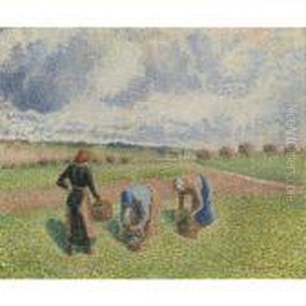 Paysannes Ramassant Des Herbes, Eragny Oil Painting by Camille Pissarro