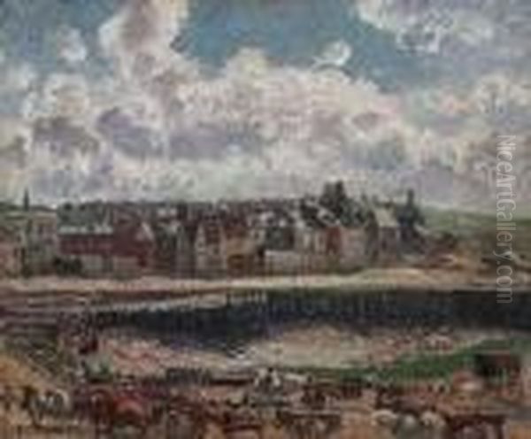 Chevaux Et Charrettes Devant La Darse De Peche, Dieppe, Mareebasse Oil Painting by Camille Pissarro